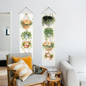 Nordic cat and plant garden hanging tapestry for modern living room hallway decor detail view