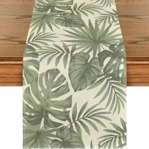 Green tropical leaf linen table runner for dining table home party decoration style