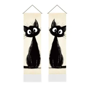 Cartoon black cat hanging tapestry linen wall art for living room bedroom home decor.