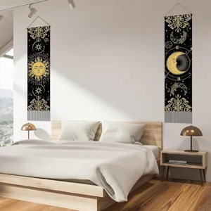 Black gold sun moon celestial wall tapestry vertical hanging decor for bedroom living room