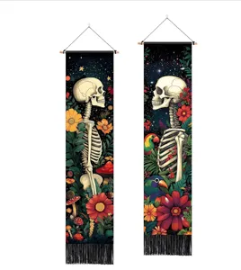 Halloween skull floral tapestry wall hanging with wooden rod and fringe decor for party.
