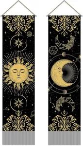 Black and gold celestial tapestry featuring sun and moon designs with elegant hanging tassels.