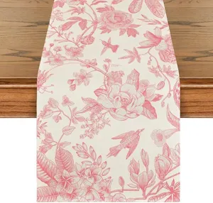 Linen table runner with pink floral and bird botanical print, perfect for spring dining decor.