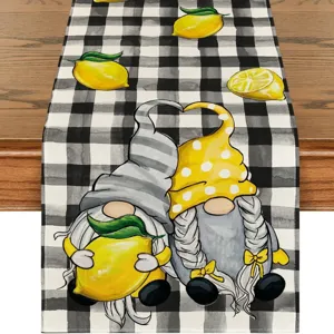 Black and white buffalo plaid table runner with yellow lemons and cute gnomes design.