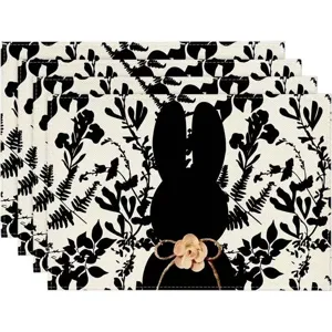 Zwart-wit konijn bloemen linnen placemat set voor eettafel decoratie en warmte-isolatie