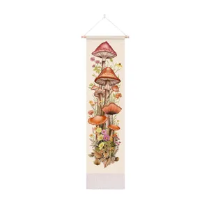 Détail de tapisserie murale champignon vintage bohème, décoration suspendue en tissu botanique