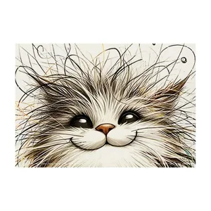 Close-up detail of cute messy hair cat pattern placemat linen fabric texture view.