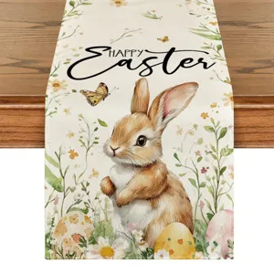 Runner da tavola di Pasqua in tessuto di lino con coniglietto carino e uova decoro