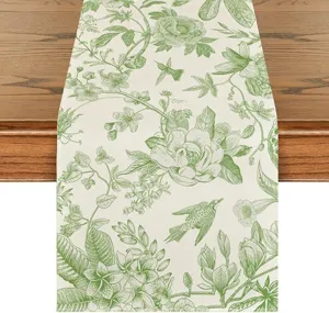 Detailed view of green botanical floral table runner with spring bird print for home decor.