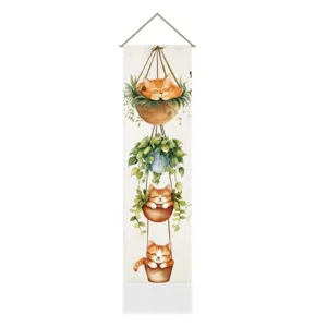 Nordic cat and plant garden tapestry, beautiful watercolor hanging painting for home wall decor.