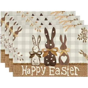 Paashaas linnen placemat set, rustieke ruit tafelmat voor eetkamer decor, hittebestendig.