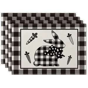 Black and white buffalo plaid Easter bunny placemat for dining table and kitchen decor.