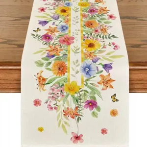 Close-up view of the watercolor floral table runner featuring vibrant flowers and butterflies.