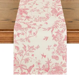 Close-up detail of the pink floral and bird print table runner, showing exquisite linen texture.