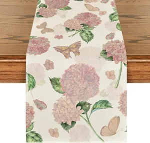 Pink hydrangea and butterfly table runner linen floral dining table decor runner mat fabric