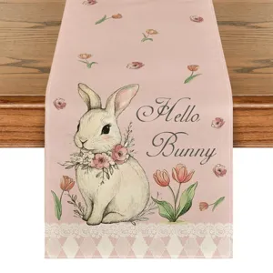 Corsia tavola Pasqua in lino rosa con grazioso coniglietto e stampa floreale per decorazione.