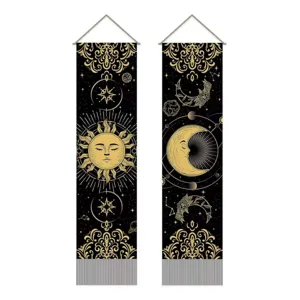 Black sun and moon tapestry celestial wall hanging decor with fringe for bedroom living room