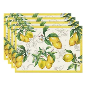 Lemon print linen placemat detail, spring summer dining table decor placemats set of 4