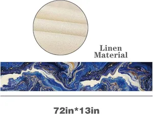 Runner da tavola marmo astratto blu e oro in pregiato tessuto di lino, 72x13 pollici.
