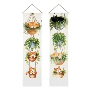 Nordic style cat and plant garden hanging tapestry for modern room retro hallway decor.