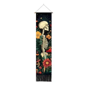 Halloween skeleton floral vertical hanging tapestry wall art with wooden rod and black fringe.