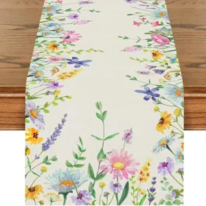 Spring summer watercolor wildflower table runner linen floral dining table decor mat 70 inch