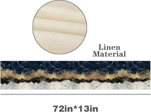 Runner da tavola con motivo marmo blu e oro, materiale in lino, decorazione per tavola 72x13 pollici.