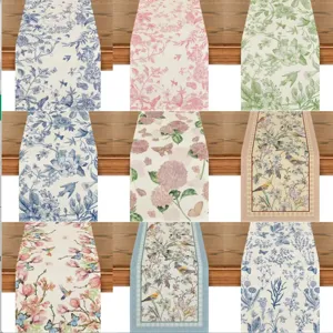 Pastoral Linen Table Runner Floral Bird Butterfly Spring Print Table Decoration Cover For Banquet Dining Room Party