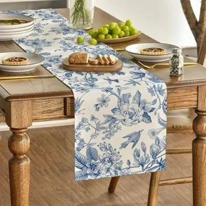 Blue and white floral table runner, botanical bird print linen table runner for dining party.