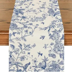Blue and white botanical floral table runner, vintage bird and butterfly linen dining decor.
