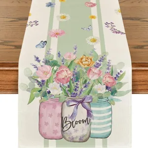 Spring summer floral linen table runner for dining table home decor flower mason jar design