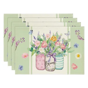Spring summer floral linen placemat table mat for home dining table decoration, 4pcs set.