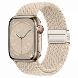 Nylon gevlochten horlogeband met magnetische gesp, compatibel met smartwatch, beige kleur.