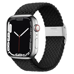 Bracelet boucle tressée en nylon noir avec boucle en acier inoxydable pour montre connectée.