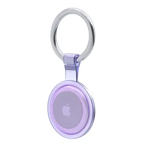 Close-up detail of the transparent purple protective case with metallic keyring for AirTag.