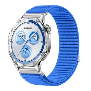 Blue woven nylon smartwatch replacement strap compatible with smart watch models securely.