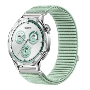 Detailed view of woven smartwatch strap replacement, soft breathable texture, secure metal lug.