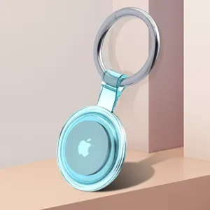 Transparent protective case with metal keyring designed for Apple AirTag tracker accessory.