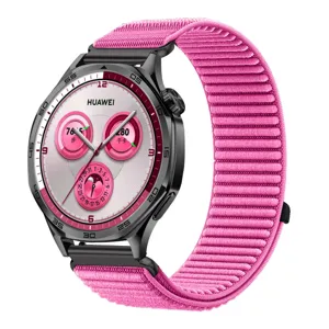 Pink woven nylon watch strap replacement compatible with Huawei smart watch and sports models.