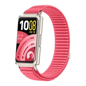Vista detallada de la correa de reloj tejida de repuesto para pulsera inteligente rosa.