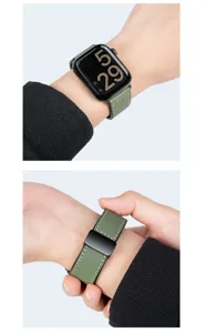 Green silicone leather watch strap detail, folding magnetic buckle for smart watch.