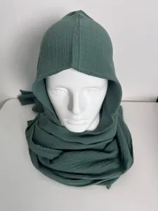 Dark green hooded scarf for autumn and winter, unisex vintage cotton linen multi-functional shawl.