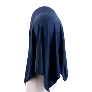 Dark blue pre-tied Muslim hijab headscarf detail, lightweight fabric drape and texture display.