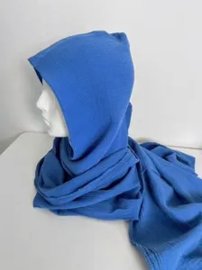 Blue cotton linen hooded scarf multi-functional vintage shawl neck warmer for autumn winter.