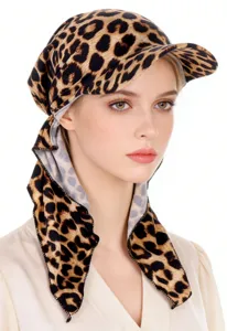 Leopard print women's headscarf with sun brim, lightweight pre-tied visor cap for stylish outdoor wear.