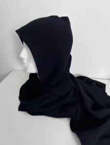 Detail view of black hooded scarf, soft cotton linen fabric, unisex autumn winter neck warmer.