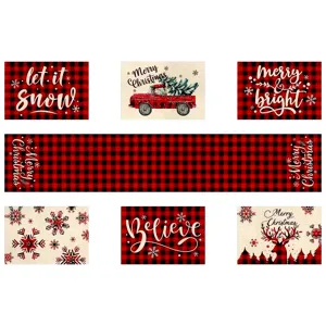 Christmas Linen Placemat Table Runner Tablecloth Set Red Black Plaid Printed Snowflake Elk Deer Table Decoration For Banquet Home Holiday Decor