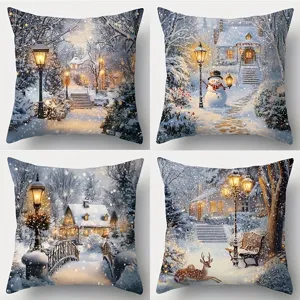 Set of 4 Christmas throw pillow covers with winter snow scenery and deer for holiday home decor.