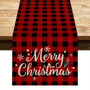 Christmas table runner red black plaid buffalo check holiday dining table decoration detail