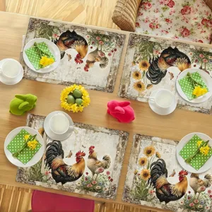 Vintage farmhouse rooster placemats rustic floral table mats set of four heat resistant decor